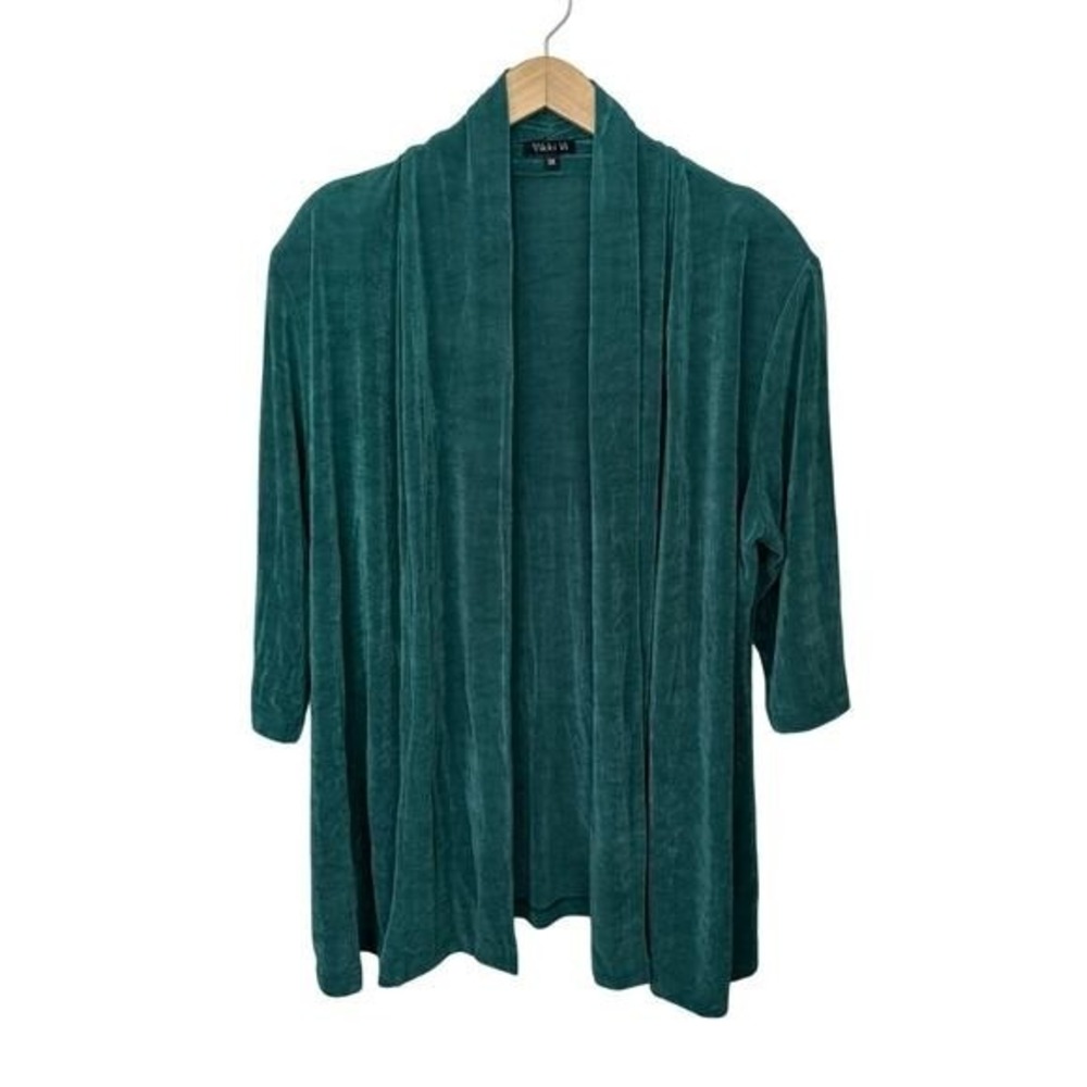 Vikki Vi Classic Open Knit Cardigan Women's 1X Dark Green Slinky Liquid‎ Travel